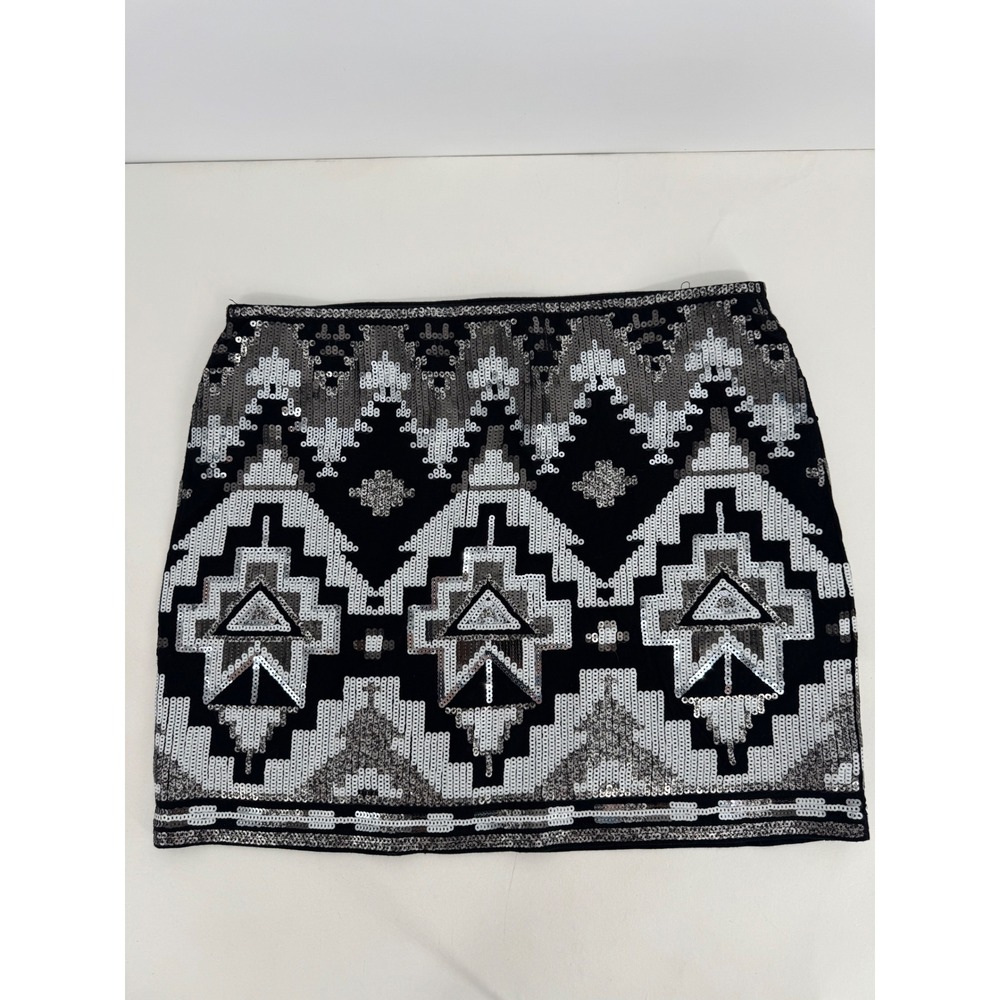 Express Womens Sz XS Black Silver Sequin Aztec Geometric Mini Skirt Party Glam